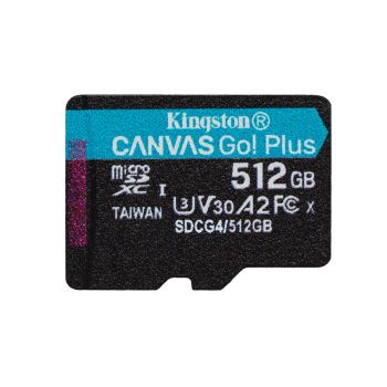 KINGSTON TECHNOLOGY TARJETA MICROSDXC CANVAS GO PLUS GEN4 DE 512 GB, 200 MBS, A2 U3 V30 Y ADAPTADOR 2