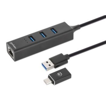 ADAPTADOR DE RED MANHATTAN USB AC CON HUB V3 COLOR NEGRO