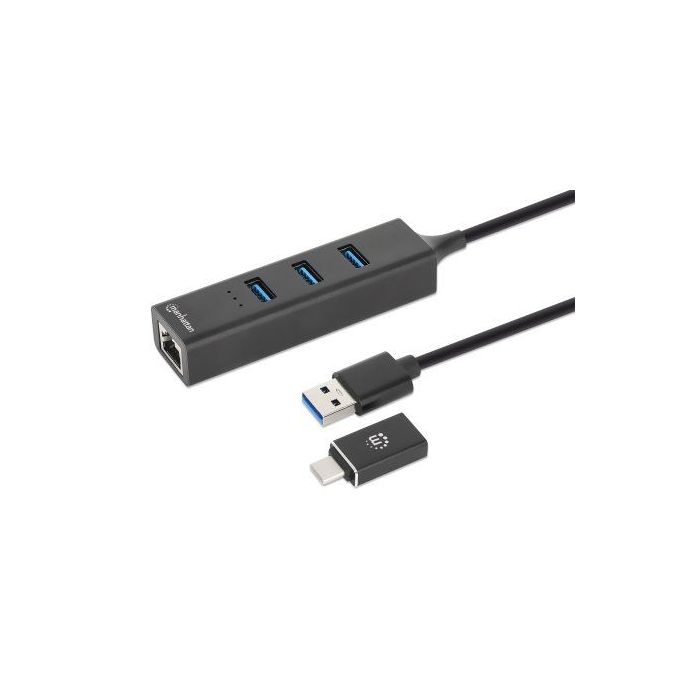 ADAPTADOR DE RED MANHATTAN USB AC CON HUB V3 COLOR NEGRO
