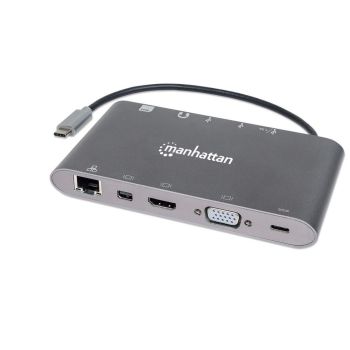 ESTACIÓN DOCKING MANHATTAN USB-C A HDMIDPMINISVGARJ453.5MM SUPER VELOCIDAD COLOR GRIS