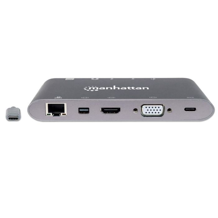 ESTACIÓN DOCKING MANHATTAN USB-C A HDMIDPMINISVGARJ453.5MM SUPER VELOCIDAD COLOR GRIS